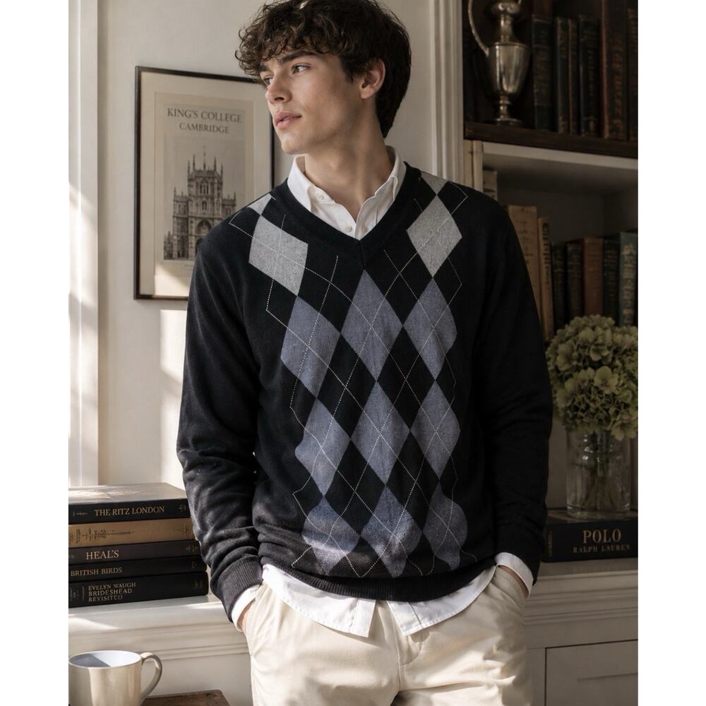Banana Republic Silk Cotton Cashmere Argyle Sweater XXL Vintage Prep